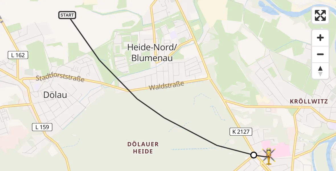 Flugroute Rettungshubschrauber Halle (Saale) - Halle (Saale) University Hospital, 24 Juni 2026, 12:04