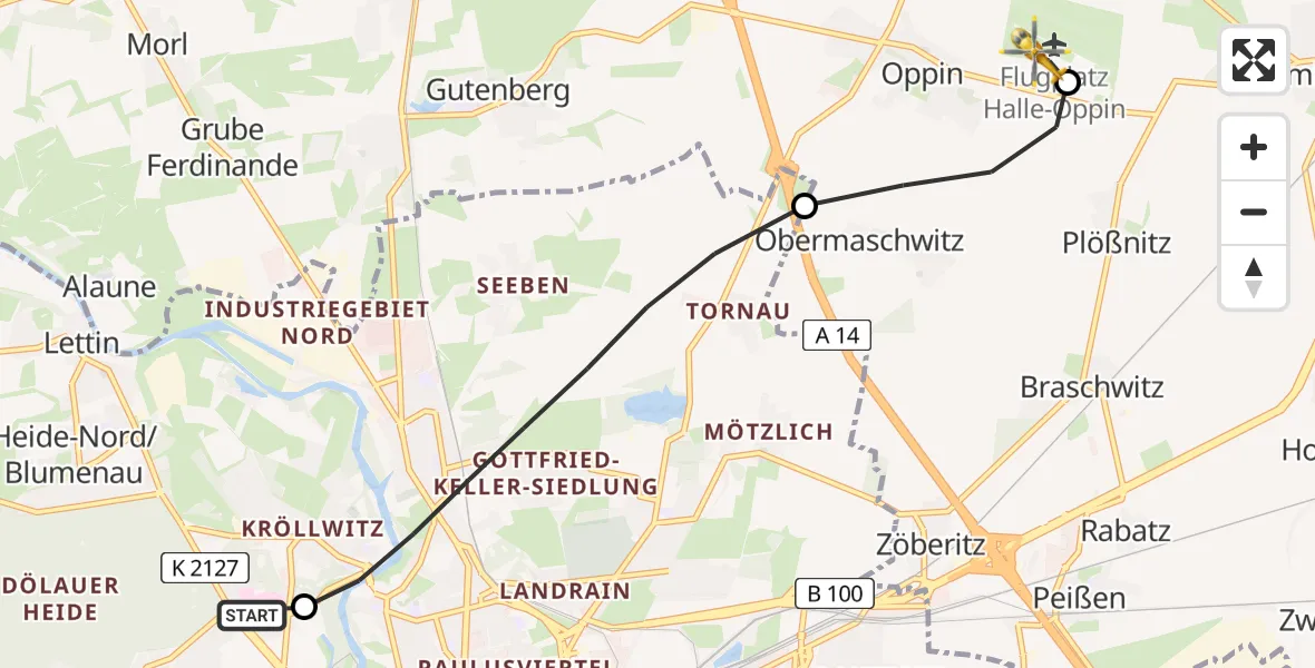 Flugroute Rettungshubschrauber Halle (Saale) University Hospital - Halle-Oppin Flugplatz, 24 Juni 2026, 12:08