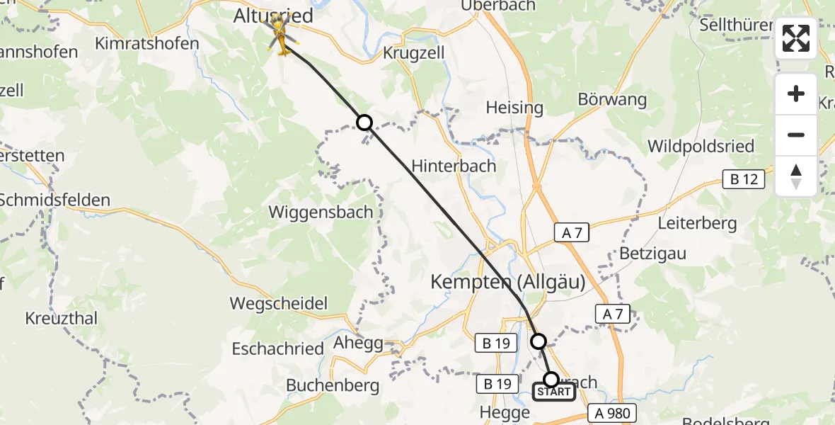 Flugroute Rettungshubschrauber Kempten-Durach Flugplatz - Altusried, 24 Juni 2026, 12:10