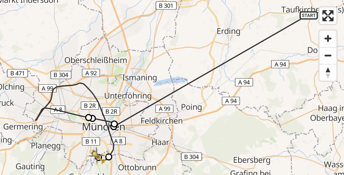 Flugroute Rettungshubschrauber Taufkirchen (Vils) - ADAC Air Rescue Center Hubschrauberlandeplatz (Christoph 1), 24 Juni 2026, 12:11