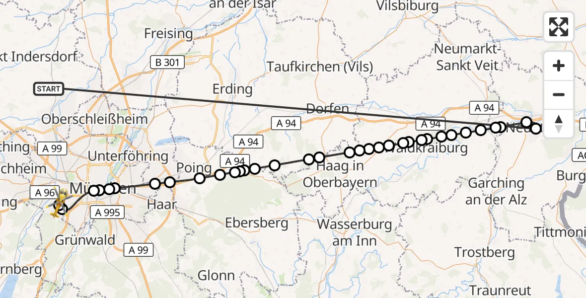 Flugroute Rettungshubschrauber Röhrmoos - DRF Air Rescue München Hubschrauberlandeplatz, 24 Juni 2026, 12:12