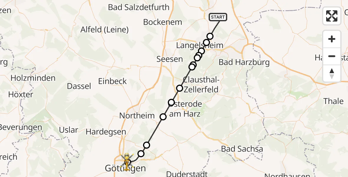 Flugroute Rettungshubschrauber Liebenburg - Göttingen University Clinic Hubschrauberlandeplatz, 24 Juni 2026, 12:15