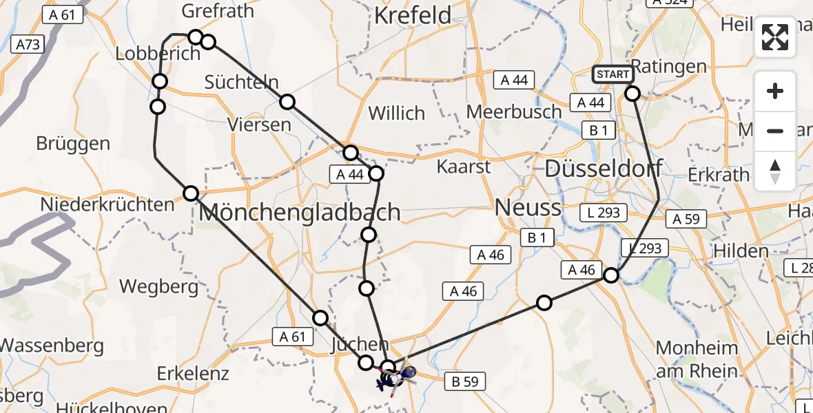 Flugroute Polizeihubschrauber Düsseldorf Flughafen - Gustorfer Höhe Flugplatz, 24 Juni 2026, 12:18