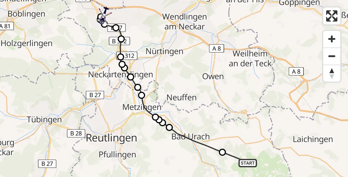 Flugroute Polizeihubschrauber Gutsbezirk Münsingen - Flughafen Stuttgart, 24 Juni 2026, 12:19