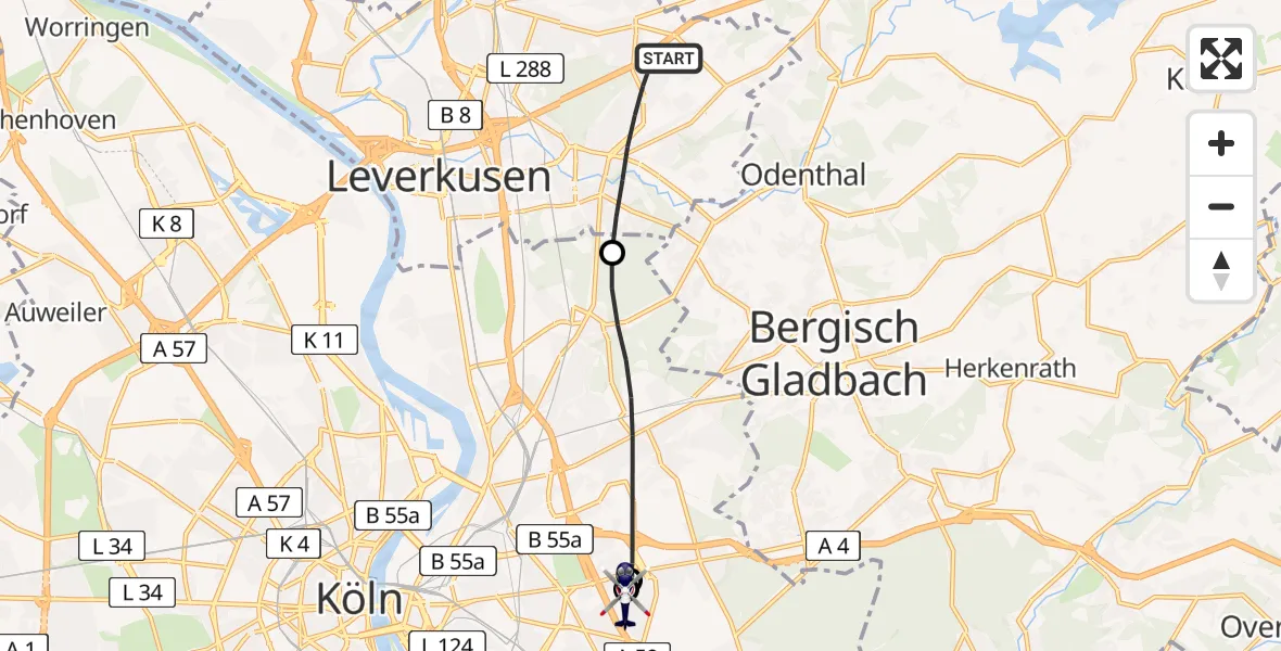Flugroute Polizeihubschrauber Leverkusen - Merheim Hospital, 24 Juni 2026, 12:20