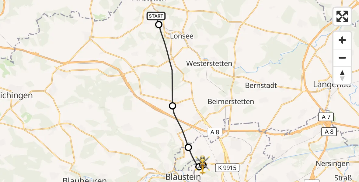 Flugroute Rettungshubschrauber Amstetten - ADAC Air Rescue Station Ulm (Christoph 22), 24 Juni 2026, 12:22