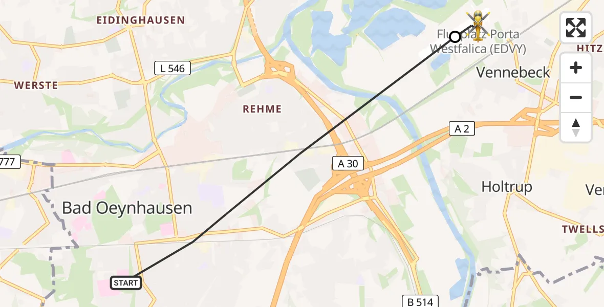 Flugroute Rettungshubschrauber Bad Oeynhausen - Porta Westfalica Flugplatz, 24 Juni 2026, 12:23