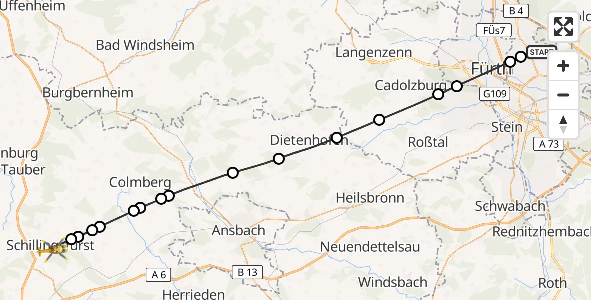 Flugroute Rettungshubschrauber Flughafen Nuremberg - Schillingsfürst, 24 Juni 2026, 12:27