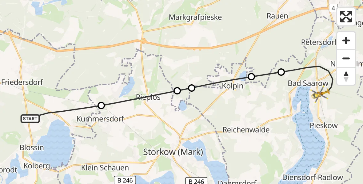 Flugroute Rettungshubschrauber Heidesee - Bad Saarow, 24 Juni 2026, 12:35