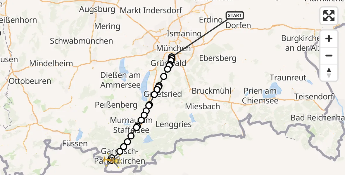 Flugroute Rettungshubschrauber Taufkirchen (Vils) - Brandweg Hubschrauberlandeplatz, 24 Juni 2026, 12:43
