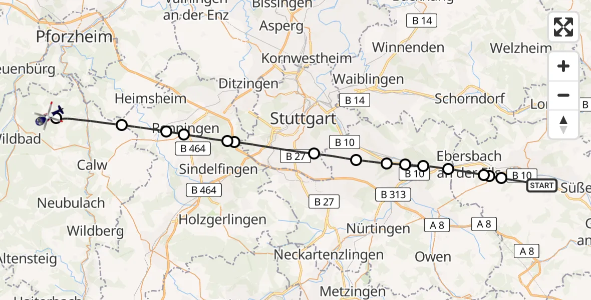 Flugroute Polizeihubschrauber Göppingen - Schömberg, 24 Juni 2026, 12:57