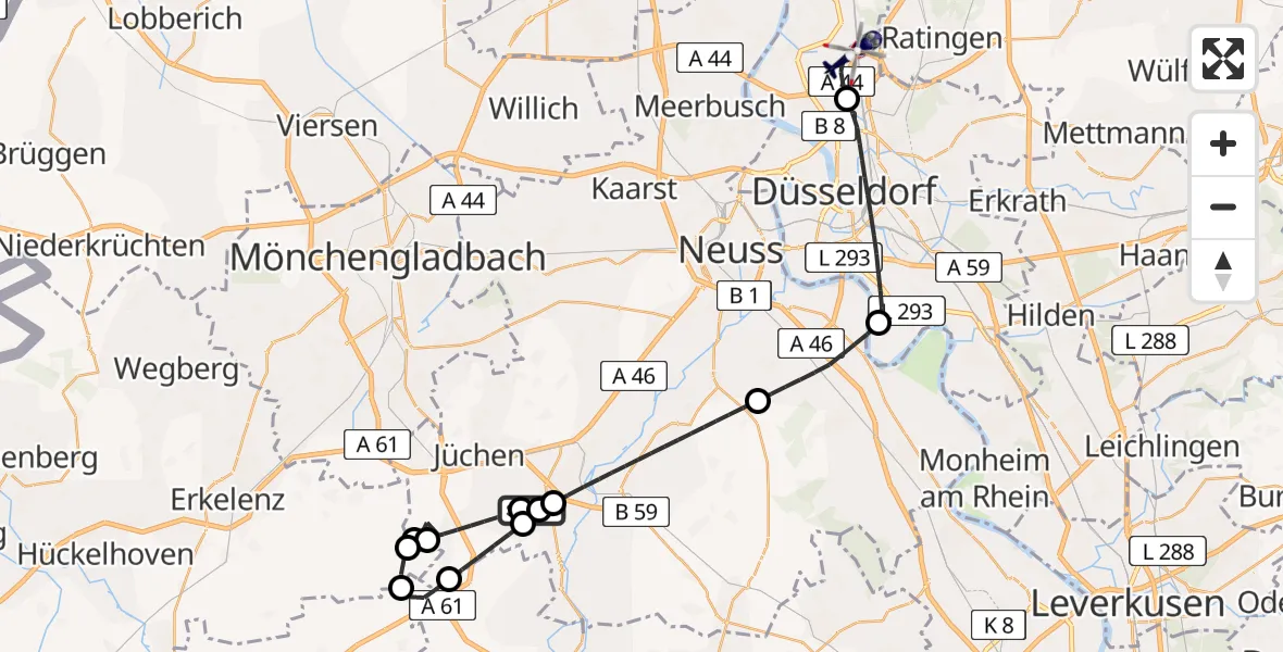 Flugroute Polizeihubschrauber Gustorfer Höhe Flugplatz - Düsseldorf Flughafen, 24 Juni 2026, 12:59