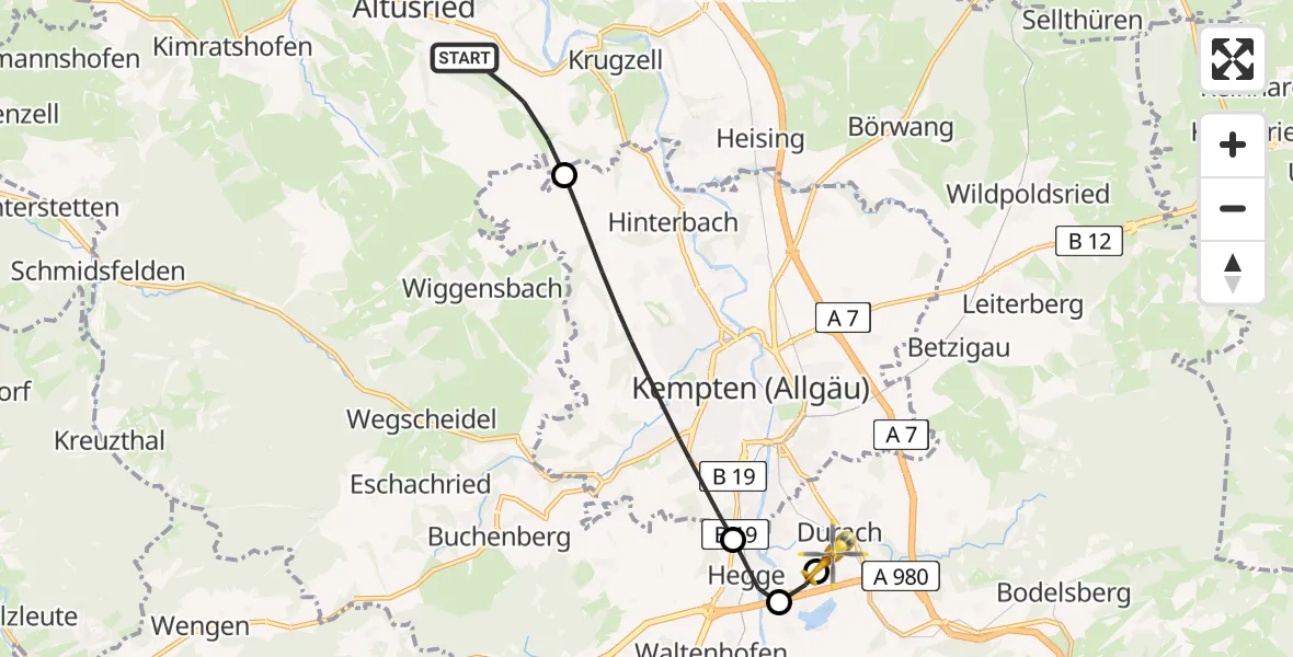 Flugroute Rettungshubschrauber Altusried - Kempten-Durach Flugplatz, 24 Juni 2026, 13:02