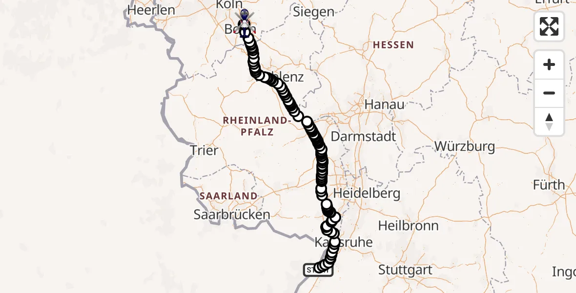 Flugroute Polizeihubschrauber Karlsruhe Baden-Baden Flughafen - Sankt Augustin, 24 Juni 2026, 13:07