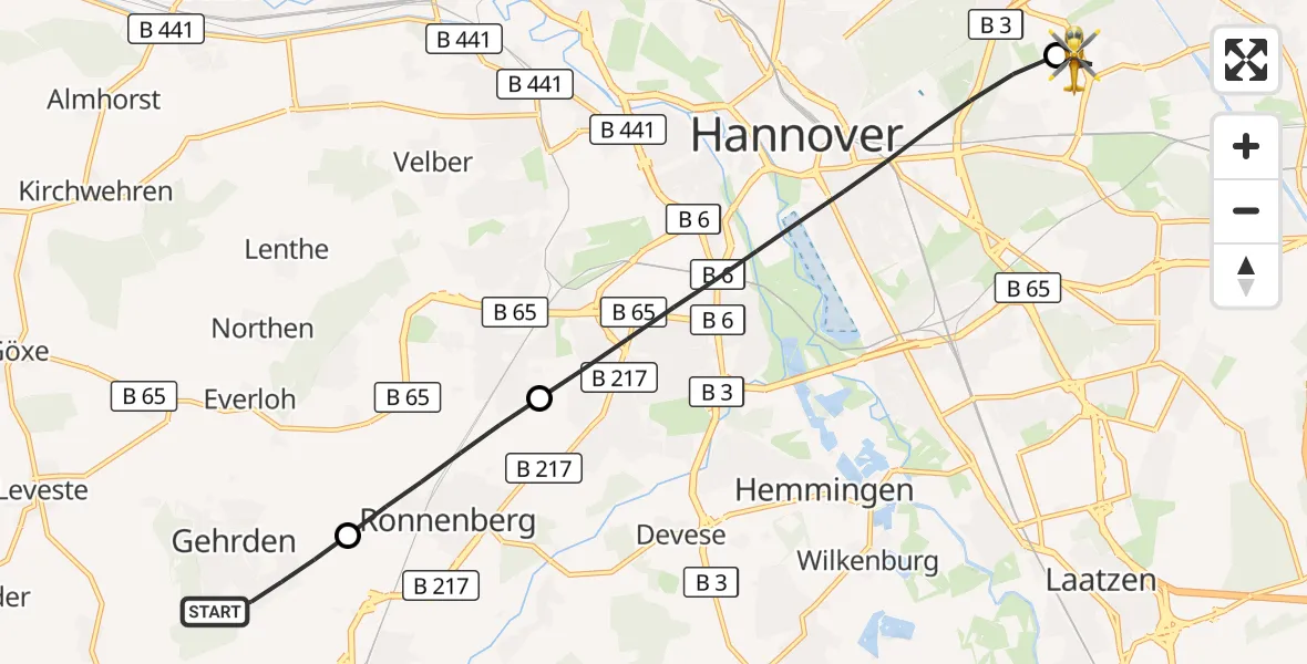 Flugroute Rettungshubschrauber Gehrden - Hannover Luftrettung Hubschrauberlandeplatz (Christoph 4), 24 Juni 2026, 13:11