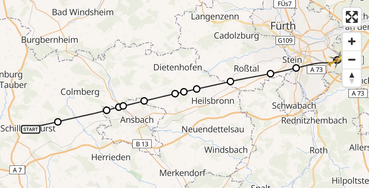 Flugroute Rettungshubschrauber Schillingsfürst - Nürnberg South Hospital Hubschrauberlandeplatz, 24 Juni 2026, 13:15