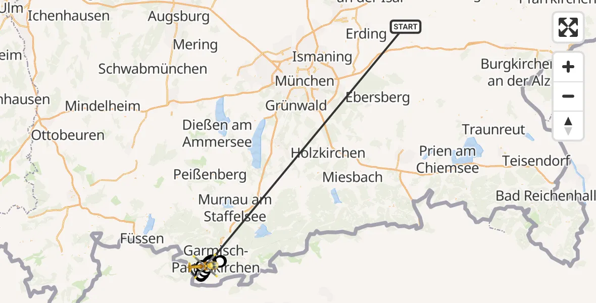 Flugroute Rettungshubschrauber Taufkirchen (Vils) - Brandweg Hubschrauberlandeplatz, 24 Juni 2026, 13:24