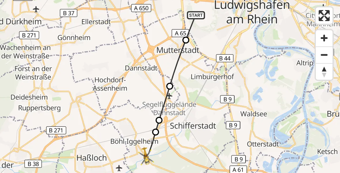 Flugroute Rettungshubschrauber Ludwigshafen am Rhein - Böhl-Iggelheim, 24 Juni 2026, 13:28