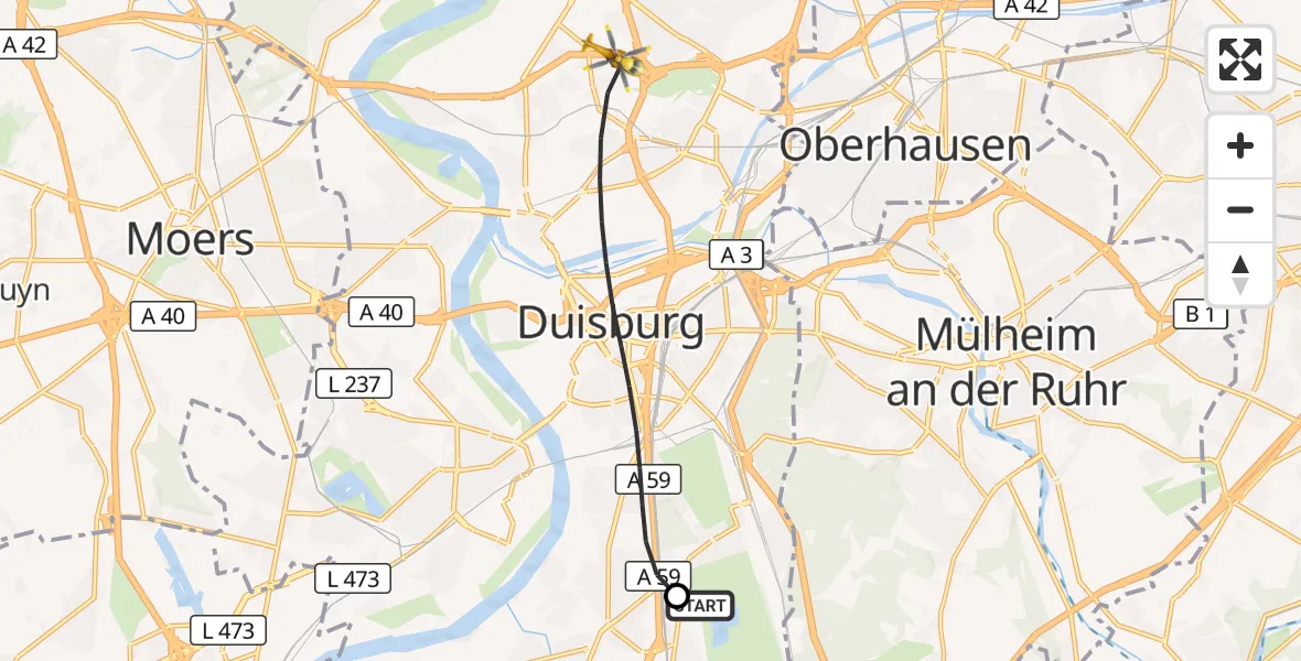 Flugroute Rettungshubschrauber Duisburg Air Rescue Hubschrauberlandeplatz (Christoph 9) - Duisburg, 24 Juni 2026, 13:32