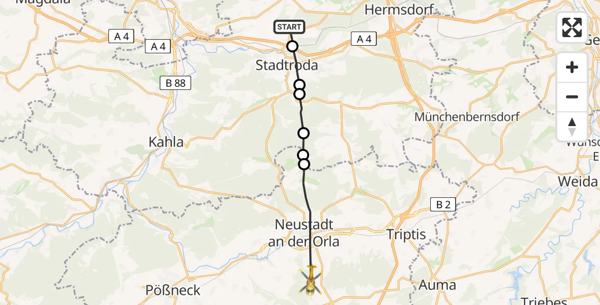 Flugroute Rettungshubschrauber Ruttersdorf-Lotschen - Neustadt an der Orla, 24 Juni 2026, 13:36