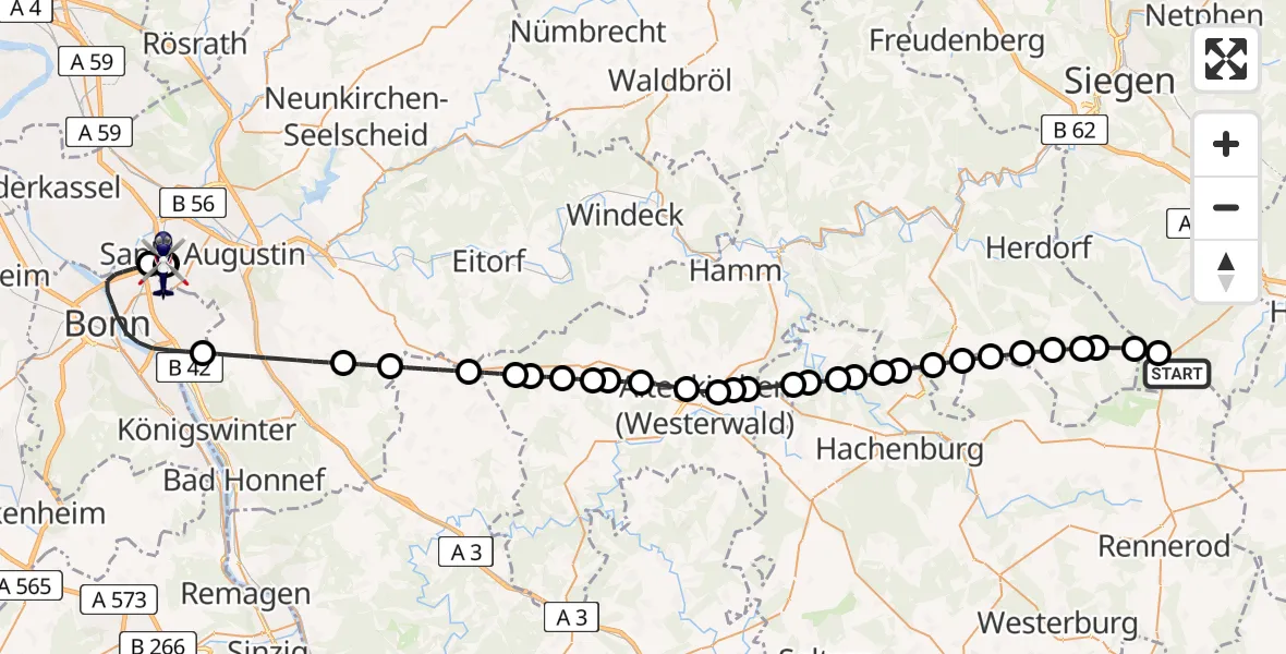 Flugroute Polizeihubschrauber Siegerland Flughafen - Sankt Augustin, 24 Juni 2026, 13:36