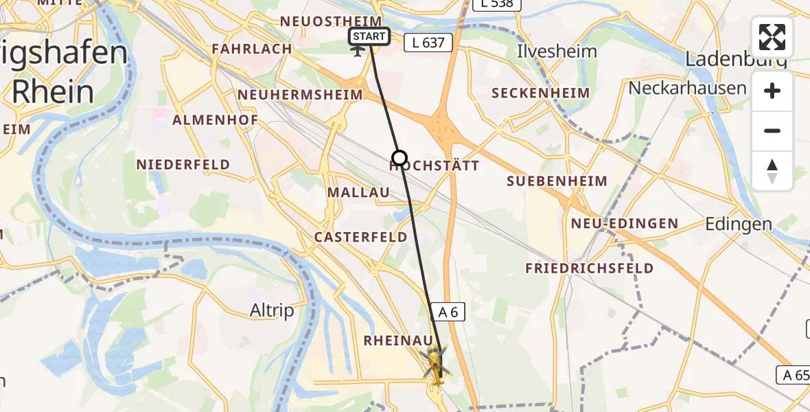 Flugroute Rettungshubschrauber Mannheim-City Flughafen - Mannheim, 24 Juni 2026, 13:42