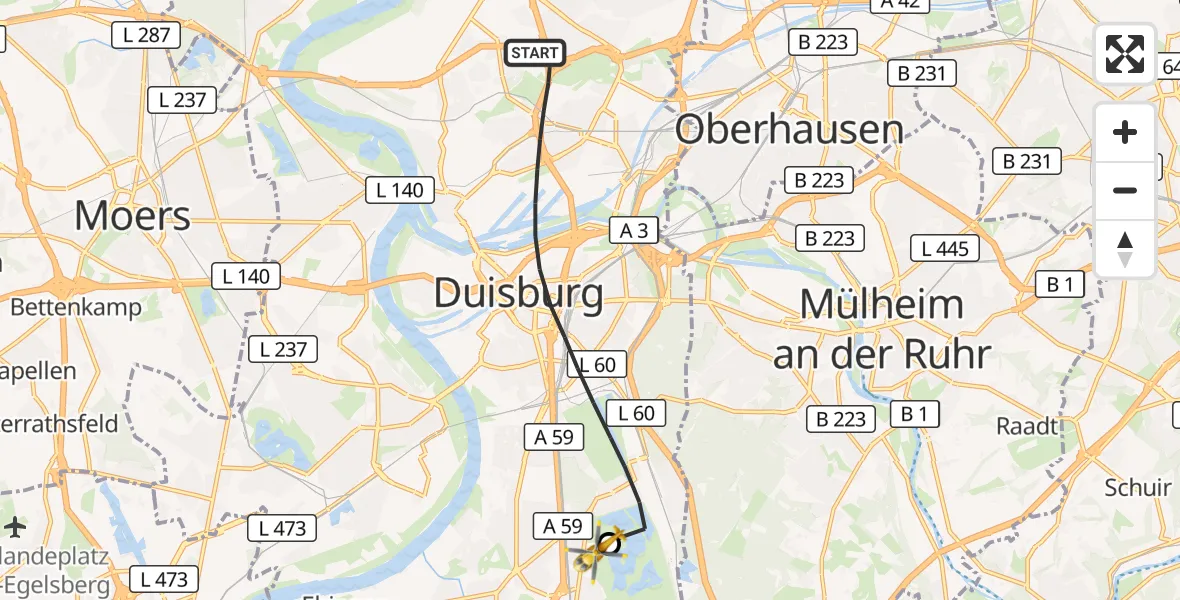 Flugroute Rettungshubschrauber Duisburg - Duisburg Air Rescue Hubschrauberlandeplatz (Christoph 9), 24 Juni 2026, 13:44