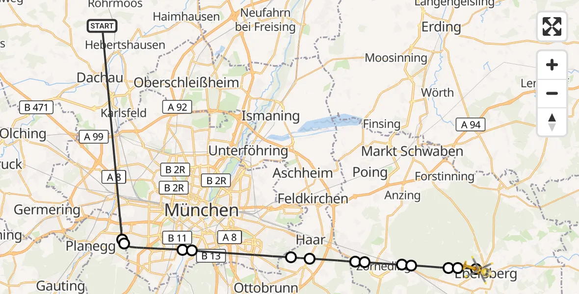 Flugroute Rettungshubschrauber Röhrmoos - Ebersberg Hubschrauberlandeplatz, 24 Juni 2026, 13:45