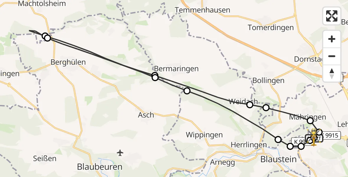 Flugroute Rettungshubschrauber Ulm Military Hospital Emergency - ADAC Air Rescue Station Ulm (Christoph 22), 24 Juni 2026, 13:46