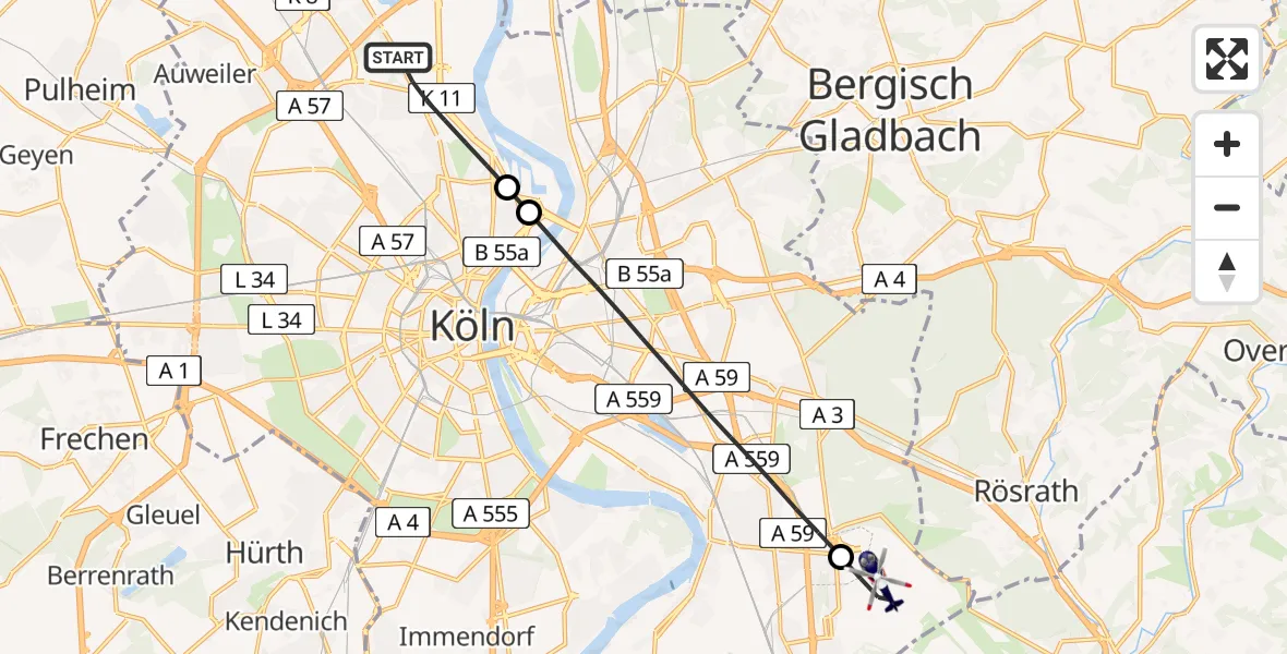 Flugroute Polizeihubschrauber Köln - Köln Bonn Flughafen, 24 Juni 2026, 13:52