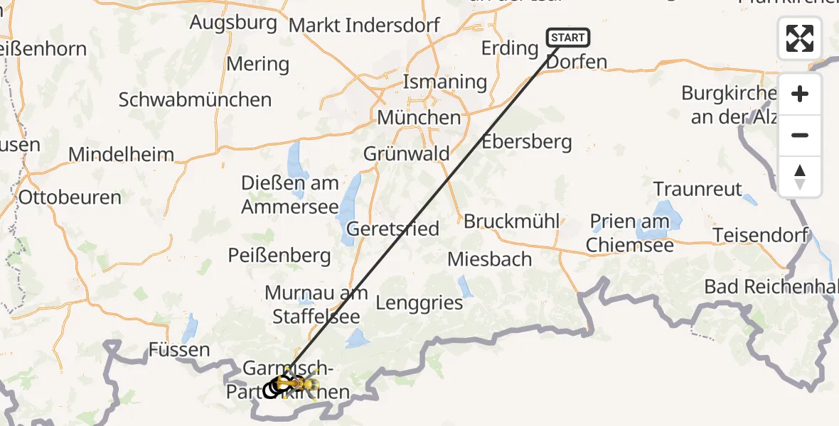Flugroute Rettungshubschrauber Taufkirchen (Vils) - Garmisch-Partenkirchen Clinic Hubschrauberlandeplatz, 24 Juni 2026, 13:57