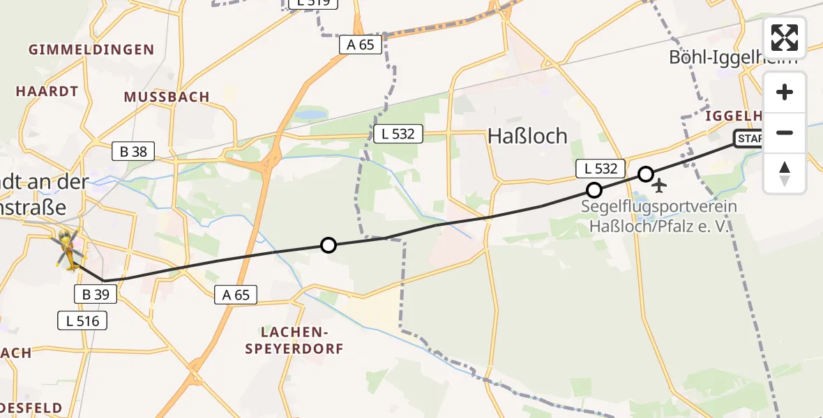 Flugroute Rettungshubschrauber Böhl-Iggelheim - Neustadt an der Weinstraße, 24 Juni 2026, 14:03