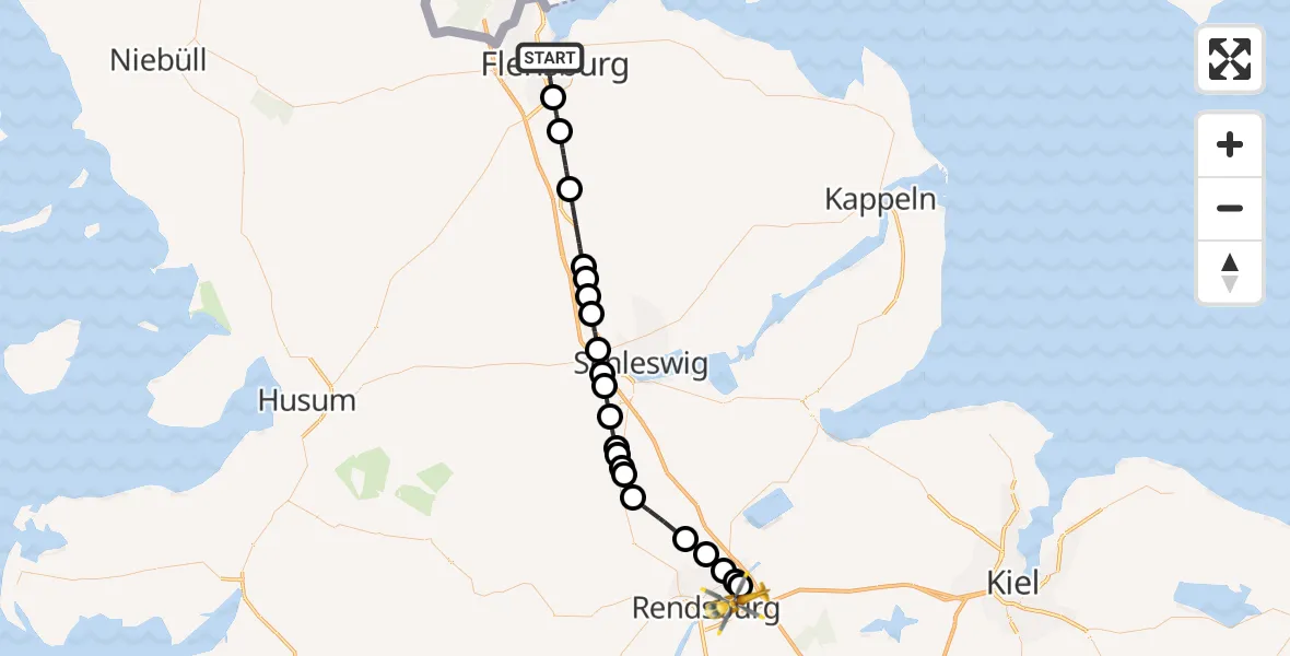 Flugroute Ambulanzhubschrauber Flensburg - Schacht-Audorf, 24 Juni 2026, 14:04