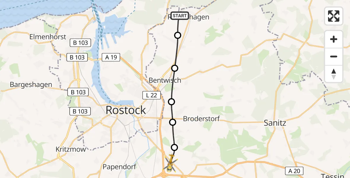 Flugroute Ambulanzhubschrauber Rövershagen - Dummerstorf, 24 Juni 2026, 14:07