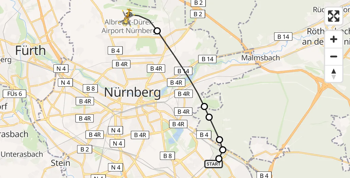 Flugroute Rettungshubschrauber Nürnberg South Hospital - Flughafen Nuremberg, 24 Juni 2026, 14:07