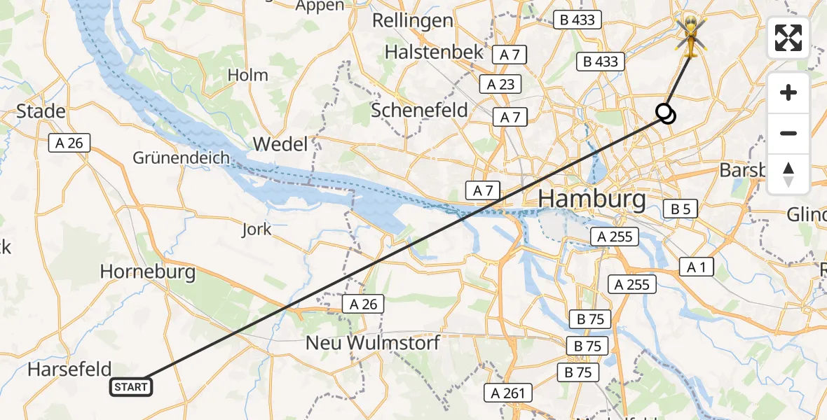Flugroute Rettungshubschrauber Harsefeld - Hamburg, 24 Juni 2026, 14:12