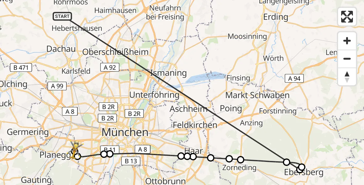 Flugroute Rettungshubschrauber Röhrmoos - DRF Air Rescue München Hubschrauberlandeplatz, 24 Juni 2026, 14:14