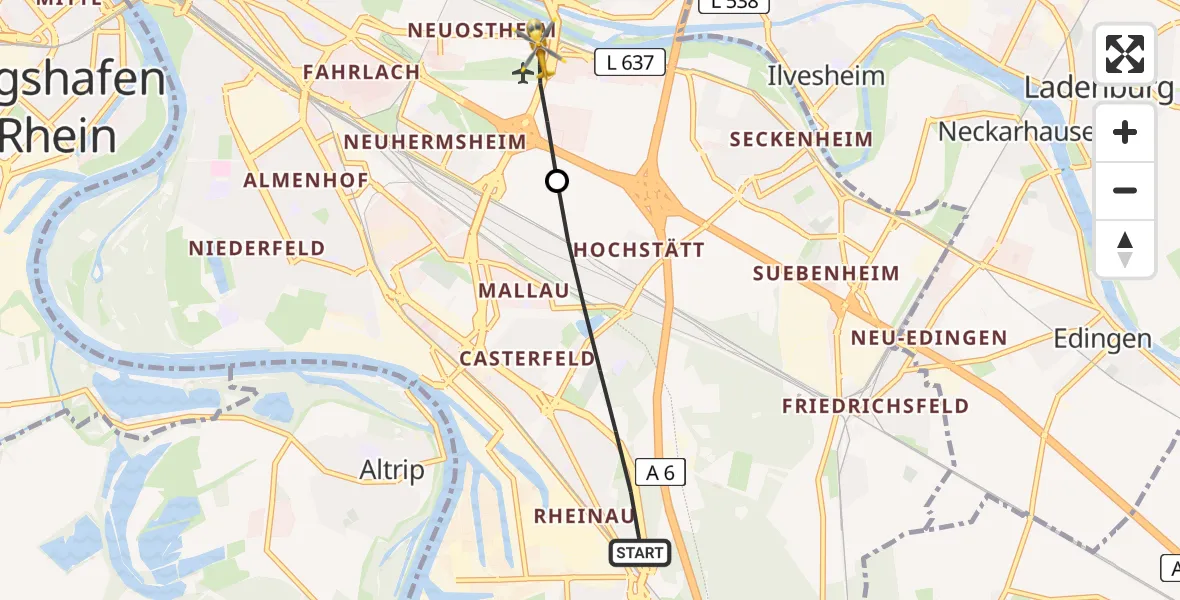 Flugroute Rettungshubschrauber Mannheim - Mannheim-City Flughafen, 24 Juni 2026, 14:20