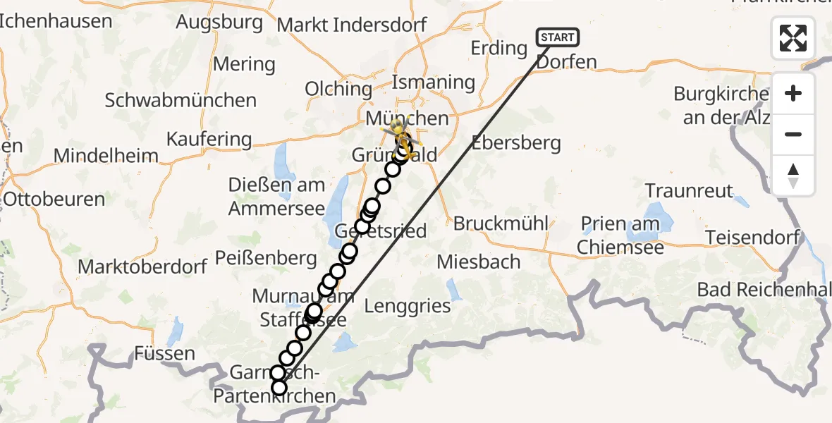Flugroute Rettungshubschrauber Taufkirchen (Vils) - ADAC Air Rescue Center Hubschrauberlandeplatz (Christoph 1), 24 Juni 2026, 14:20