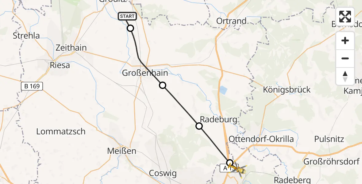 Flugroute Rettungshubschrauber Röderaue - Dresden Bundespolizei Hubschrauberlandeplatz, 24 Juni 2026, 14:25