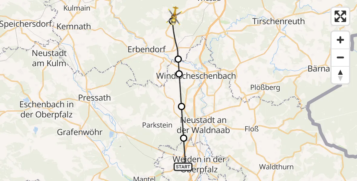 Flugroute Rettungshubschrauber Weiden i.d.OPf. - Friedenfels, 24 Juni 2026, 14:34