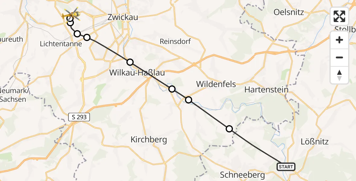 Flugroute Rettungshubschrauber Aue-Bad Schlema - ADAC Air Rescue Station Zwickau Hubschrauberlandeplatz, 24 Juni 2026, 14:39