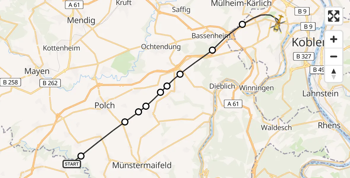 Flugroute Rettungshubschrauber Roes - Koblenz, 24 Juni 2026, 14:40