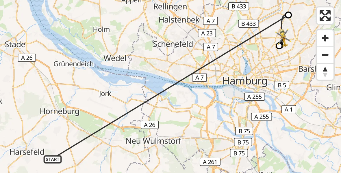 Flugroute Rettungshubschrauber Harsefeld - Hamburg, 24 Juni 2026, 14:45