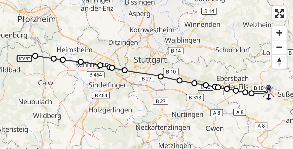 Flugroute Polizeihubschrauber Schömberg - Göppingen, 24 Juni 2026, 14:47