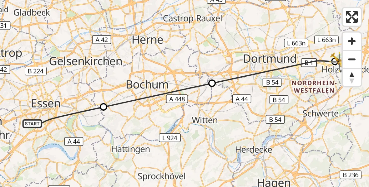 Flugroute Rettungshubschrauber Essen - Dortmund Flughafen, 24 Juni 2026, 14:51