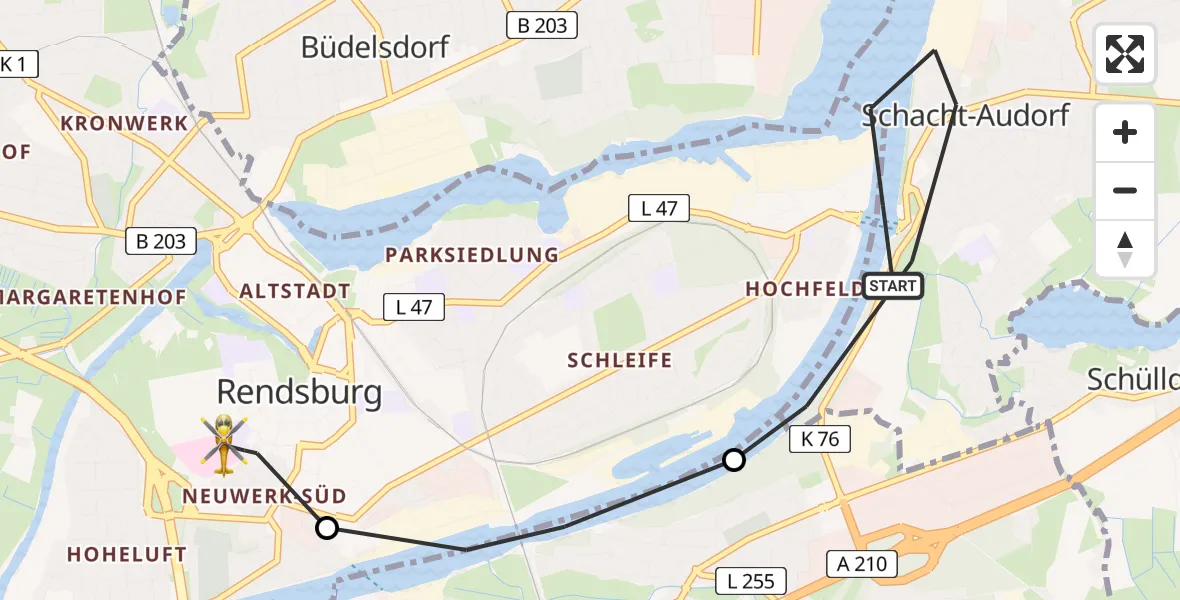 Flugroute Ambulanzhubschrauber Schacht-Audorf - Rendsburg, 24 Juni 2026, 14:57