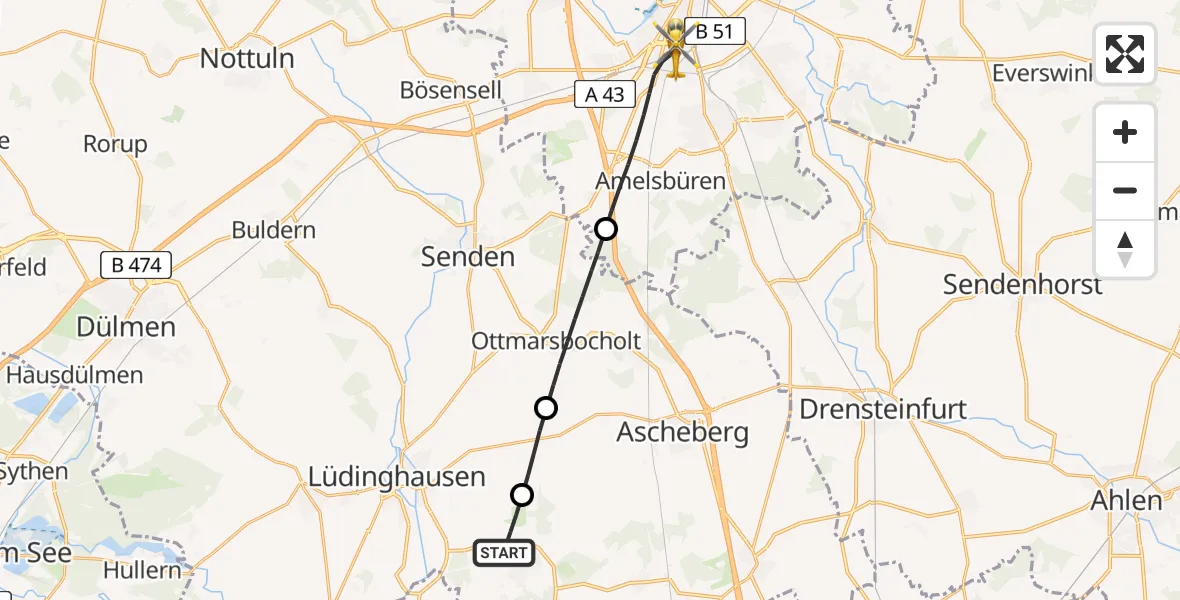 Flugroute Rettungshubschrauber Nordkirchen - Münster, 24 Juni 2026, 15:03