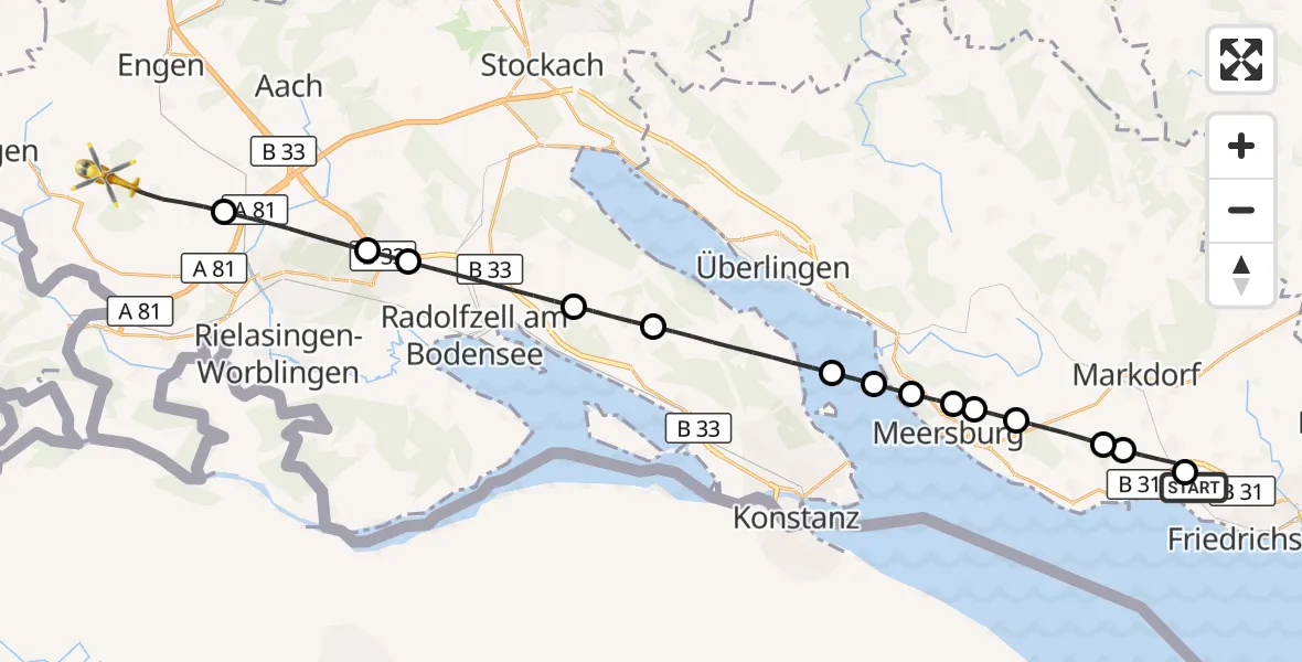 Flugroute Rettungshubschrauber Friedrichshafen Hospital - Hilzingen, 24 Juni 2026, 15:06