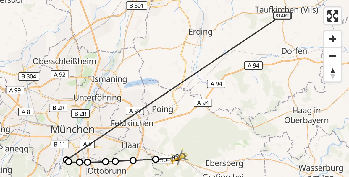 Flugroute Rettungshubschrauber Taufkirchen (Vils) - Kirchseeon, 24 Juni 2026, 15:09